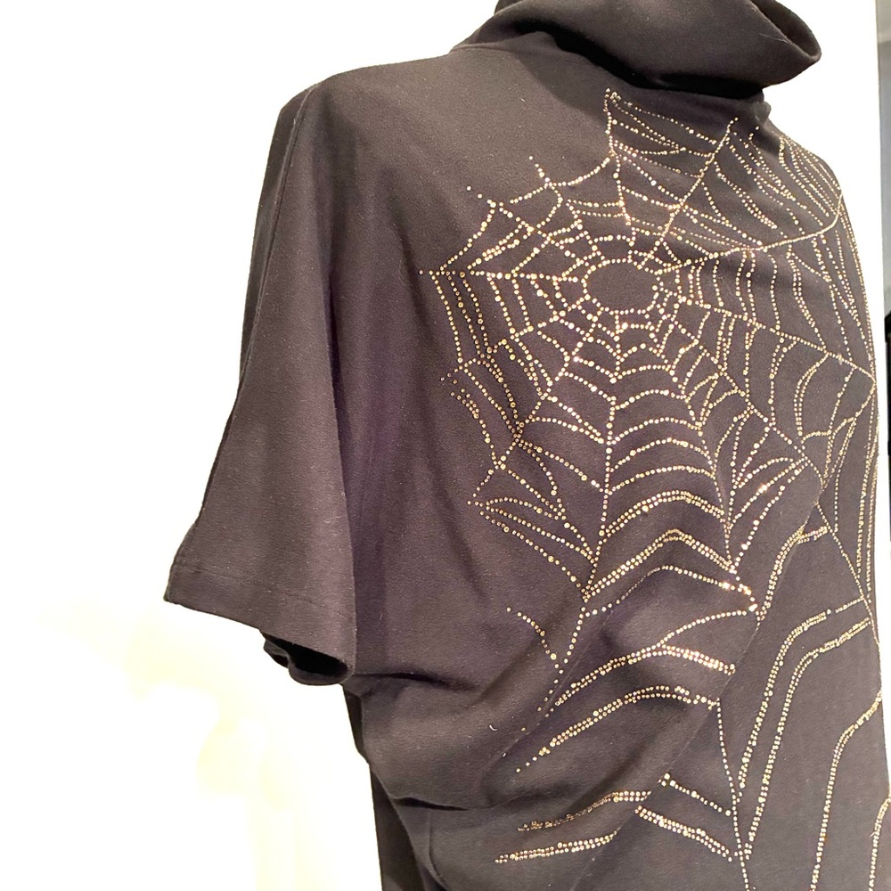 Halloween Black Turtleneck Top with Rhinestone Spider Web Design, Size L